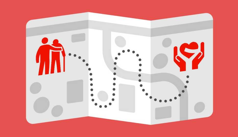 illustration of a map with an icon of a person helping another person with a cane navigate towards caregiving